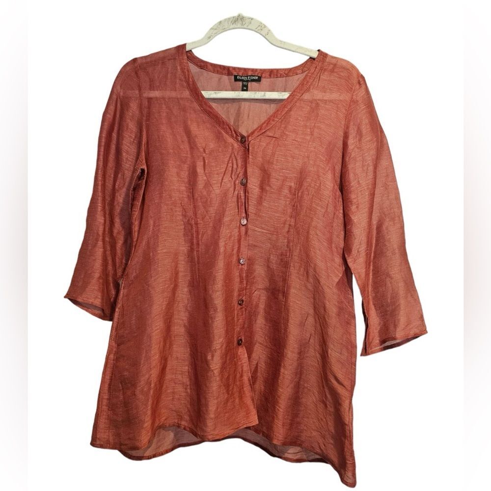 Eileen Fisher Silk Blouse Linen Blend Button Sheer Down V Neck Petite Size PP